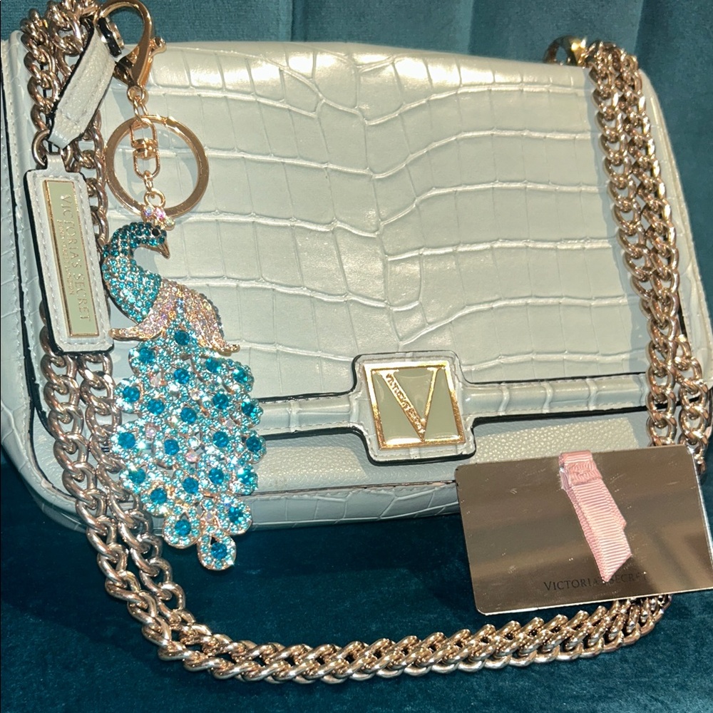 Victoria's Secret Blue Shoulder Bag w/bonus bag charm & compact mirror - Picture 1 of 9
